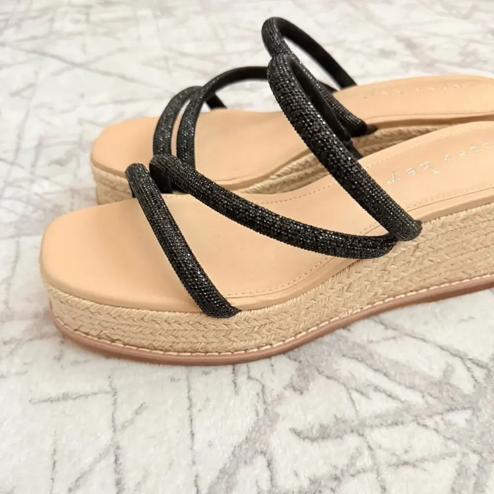 Black Espadrille Platform Wedge Sandals Rhinestone Strappy Slides 8.5 NWOB